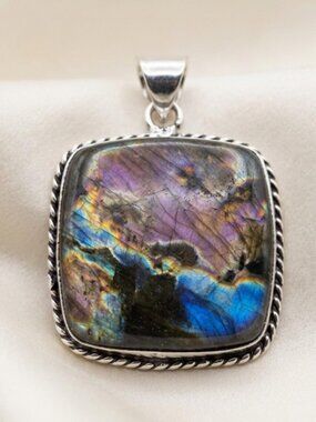 Labradorite Square Pendant Rainbow Flash Blue Purple Sterling Bale